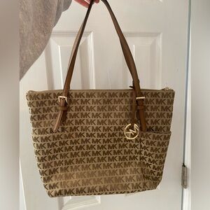 Michael Kors Tan/Brown Signature MK Tote with Gold Charm